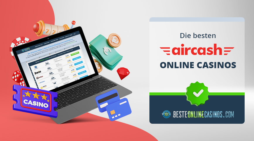 Casino Symbole, die um einen Laptop herum sind, daneben das Aircash Logo.