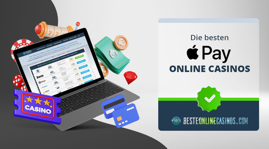 Um einen geöffneten Laptop befinden sich typische Casino Symbole, daneben das Logo von Apple Pay.