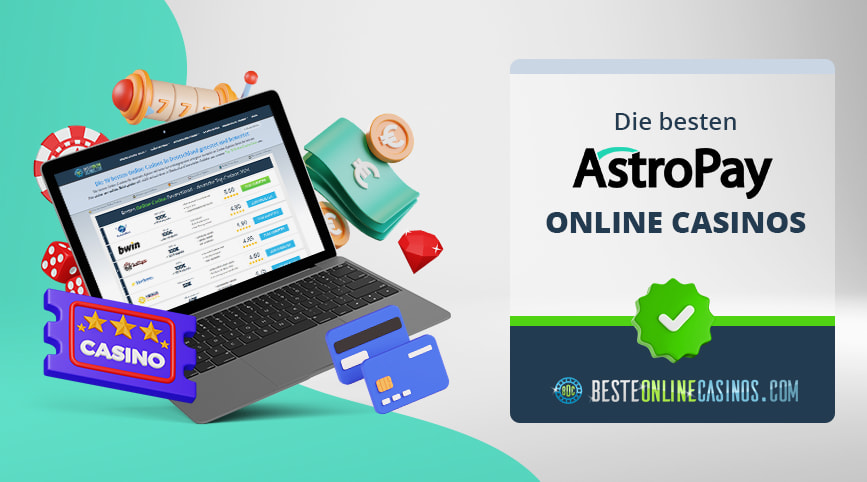 Casino und Geld Symbole um einen Laptop herum, daneben das Astropay Logo.