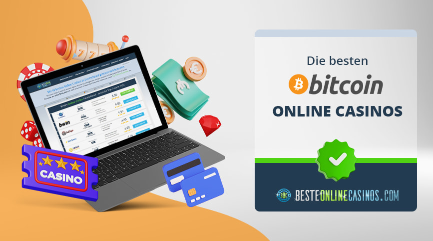 Casino und Geld Symbole um einen Laptop herum, daneben das Bitcoin Logo.