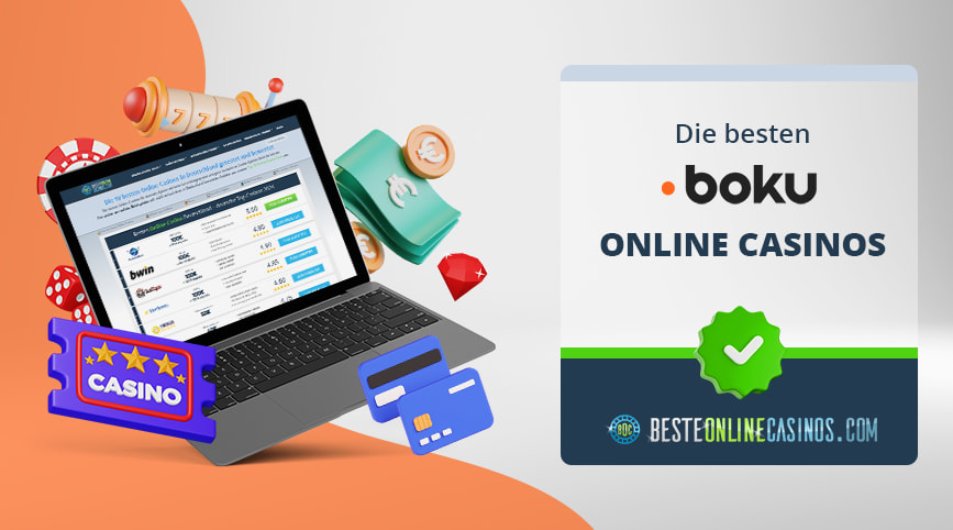 Ein Laptop mit Casino und Geld Symbolen darum herum, rechts daneben das Boku Casino.