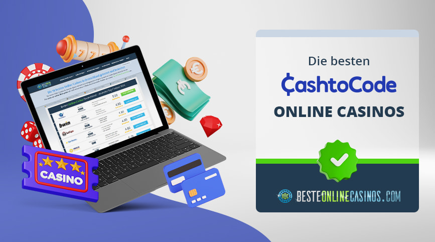 Casino Symbole und ein Laptop, daneben das CashtoCode Logo.