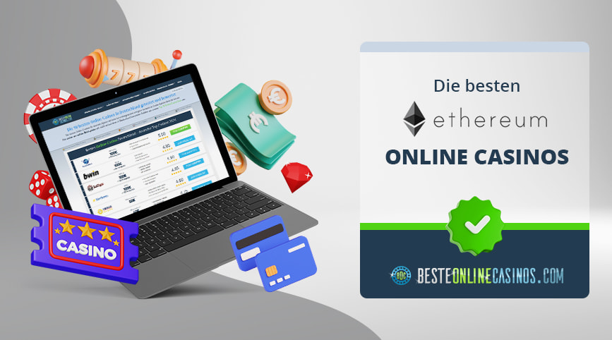 Casino und Geld Symbole um einen Laptop herum, rechts daneben das Ethereum Logo.