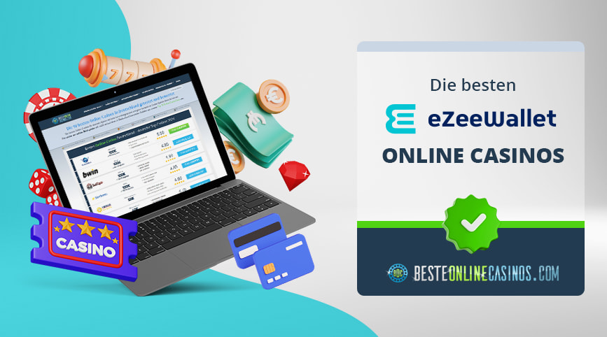 Typische Casino Symbole um einen Laptop herum, daneben das eZeeWallet Logo.