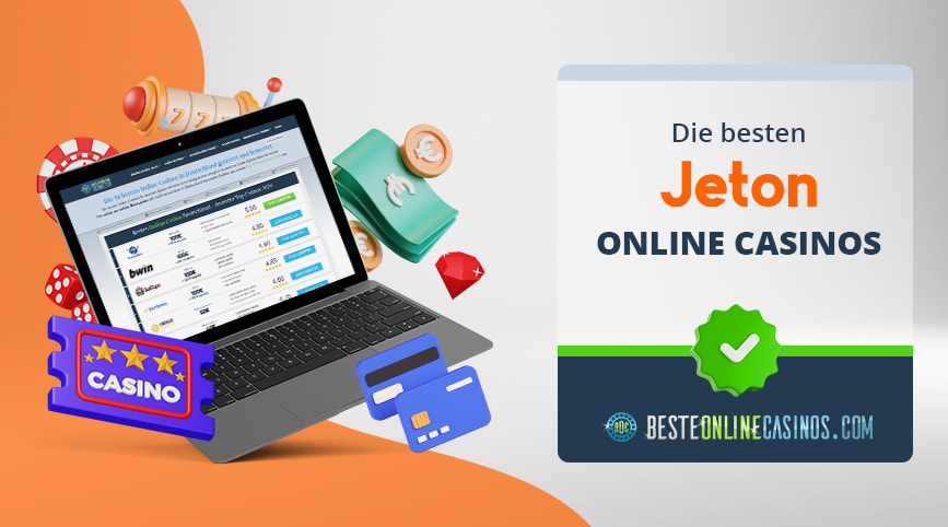 Geld und Casino Symbole um einen Laptop, daneben das Jeton Logo.