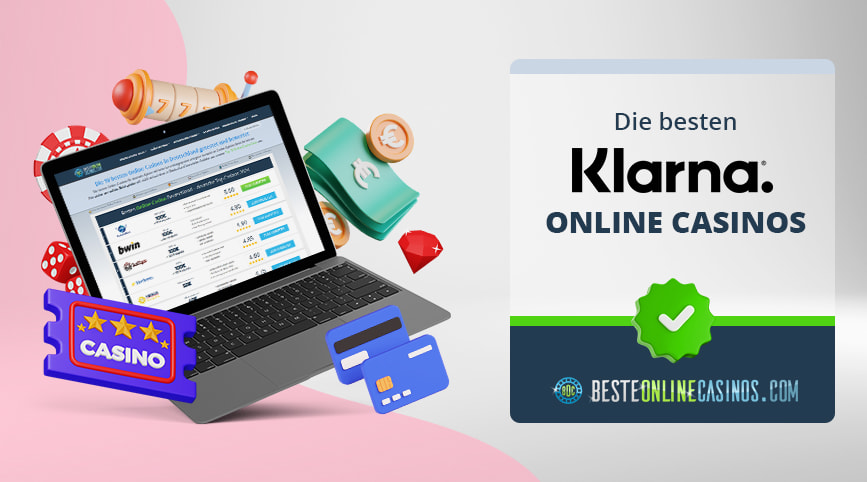 Ein Laptop, um den Casino Symbole herum sind, daneben das Klarna Logo.