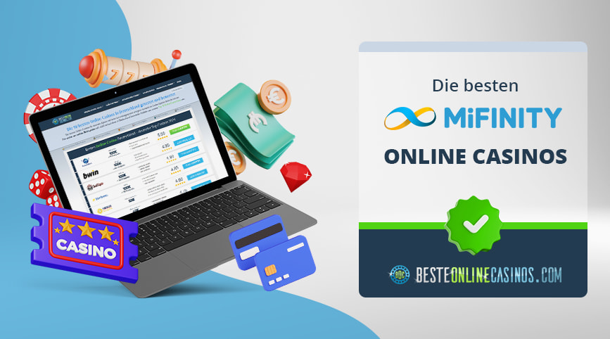 Links neben dem MiFinity Logo ist ein Laptop, um den Casino Symbole herum sind.