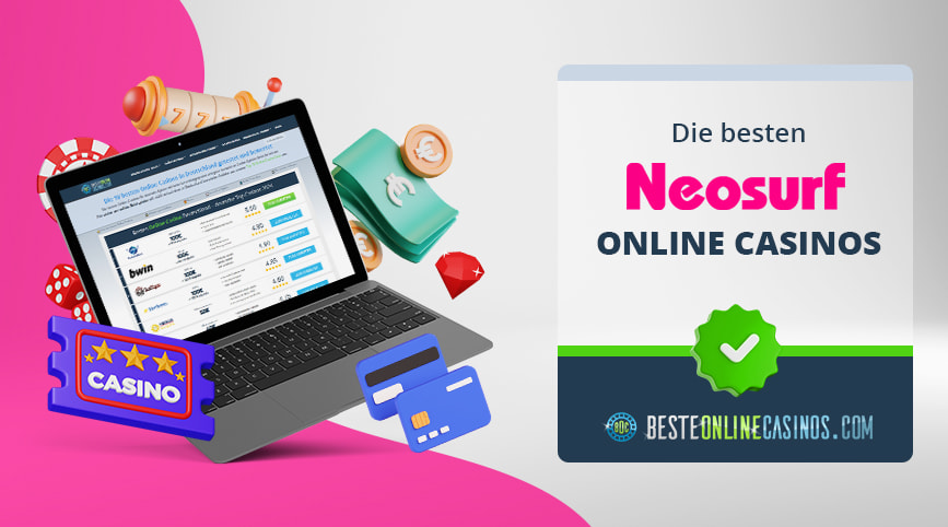 Casino Symbole um einen Laptop herum, daneben das Neosurf Logo.