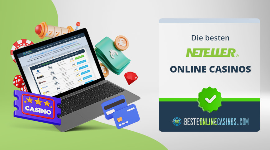 Casino und Geld Symbole um einen Laptop herum, daneben das Neteller Logo.