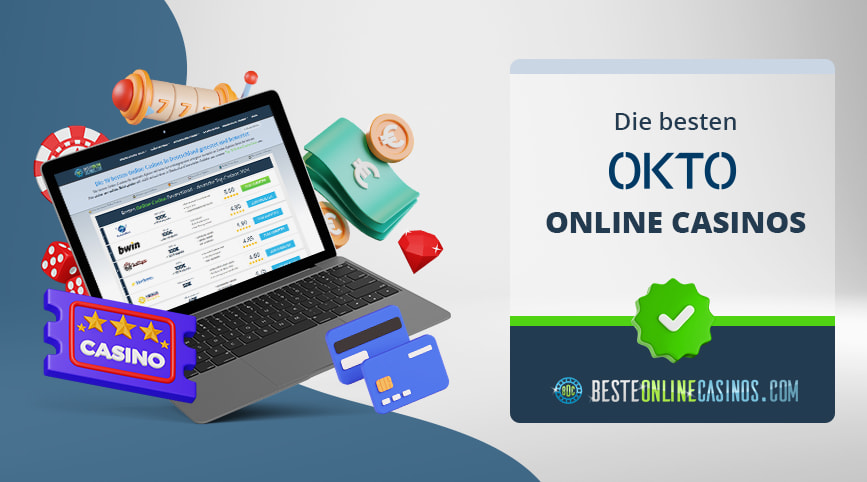 Um einen Laptop herum sind Casino und Geld Symbole, rechts daneben das Logo von OKTO Wallet.