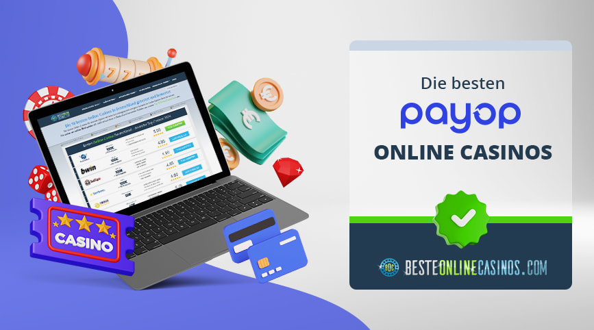 Ein Laptop, um den typische Geld und Casino Symbole sind, und das PayOp Logo.