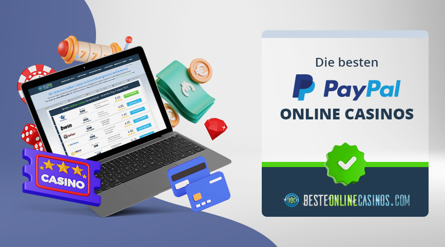 Casino Symbole um einen Laptop herum, daneben das PayPal Logo.