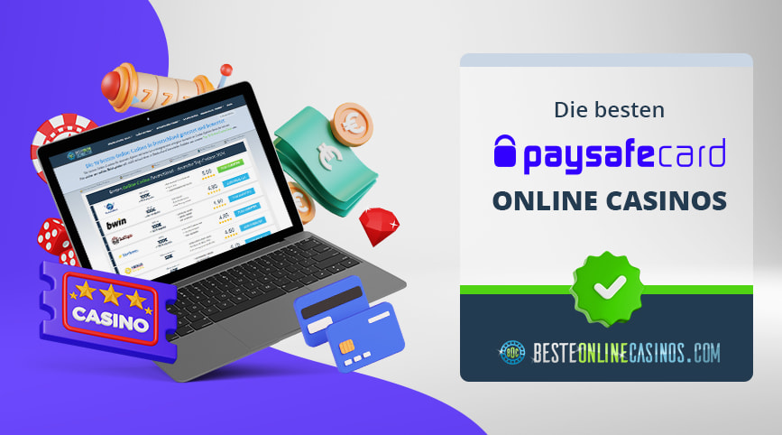 Casino Symbole und ein Laptop, daneben das paysafecard Logo.