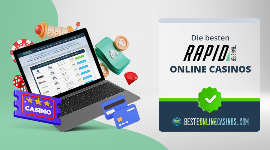 Casino und Geld Symbole vor und hinter einem Laptop, daneben das Rapid Transfer Logo.