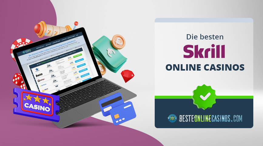 Casino und Geld Symbole um einen aufgeklappten Laptop herum und daneben das Skrill Logo.