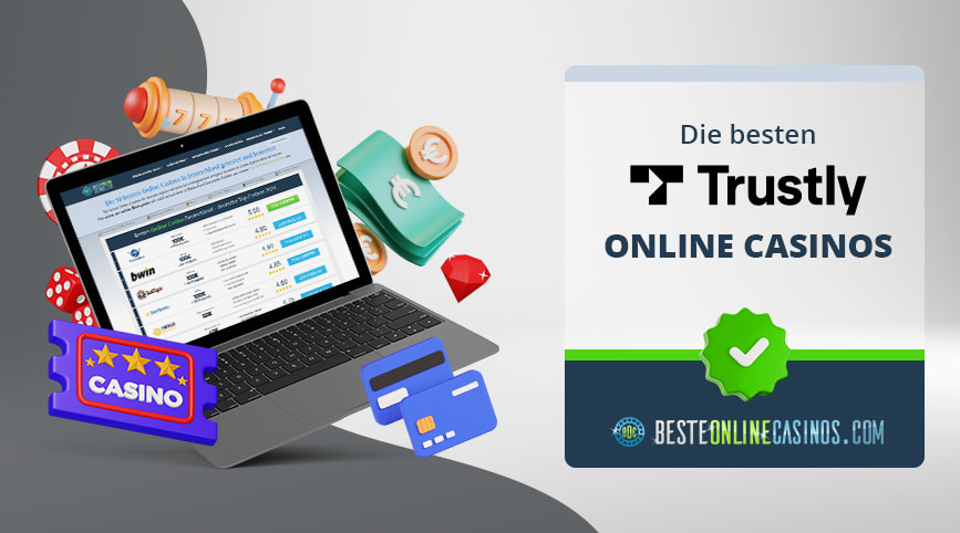 Casino & Geld Symbole um einen Laptop, rechts daneben das Logo von Trustly.