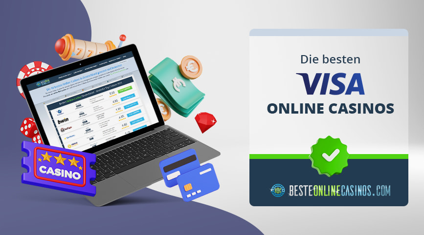 Casino und Geld Symbole sowie ein aufgeklappter Laptop, rechts daneben das Logo von Visa.