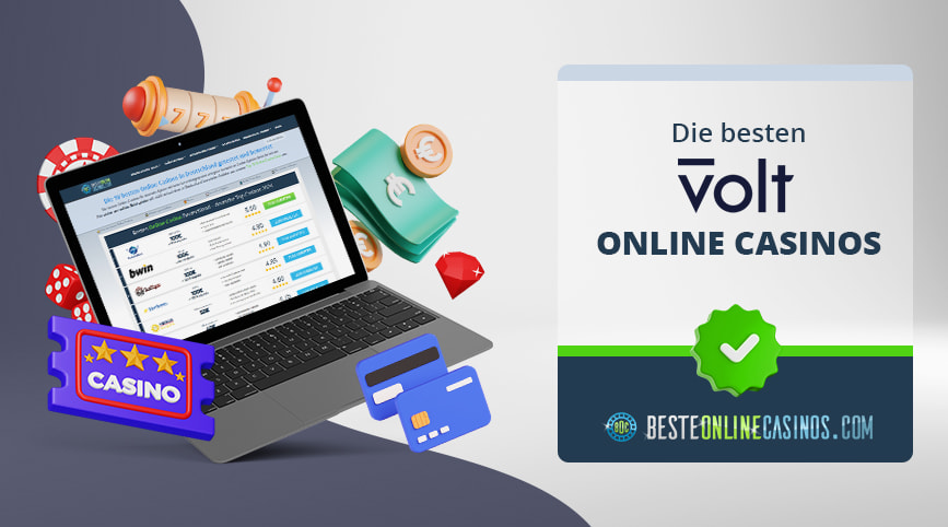 Casino und Geld Symbole vor und hinter einem geöffneten Laptop, daneben das Volt Logo.