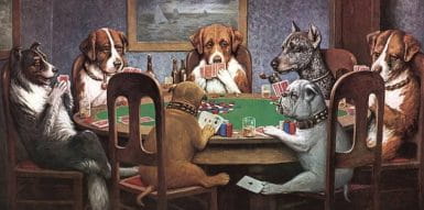 Das berühmteste Gemälde der Pokerspielenden Hunde Serie von Cassius M. Coolidge. Die Bulldogge gibt ein Ass an einen Mitspieler unter dem Tisch weiter.