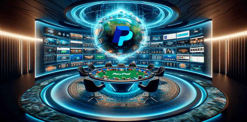 Ein modernes Studio, in welchem ein Pokertisch steht und darüber das PayPal-Logo schwebt.